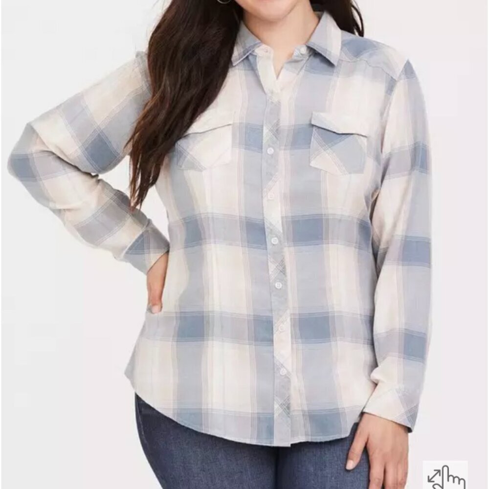 Torrid Size 2 Taylor Twill Button Down Shirt Top Flannel Plaid Blue Causal 2X